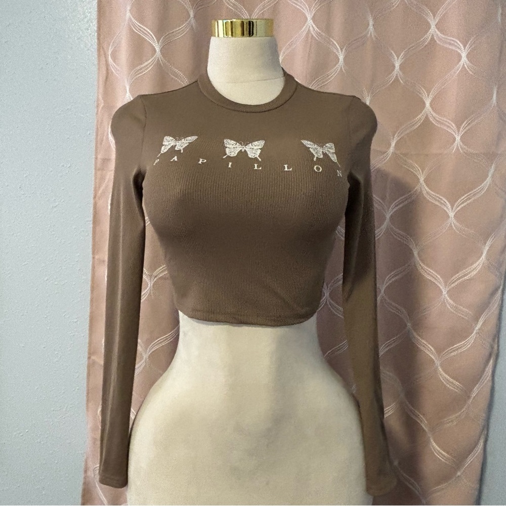 Brown Long Sleeve Crop Top, size S